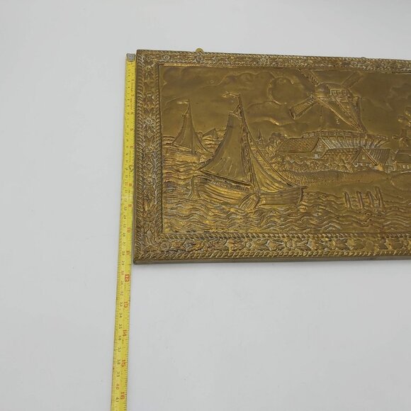 Embossed Brass Wall Hanging-Sailboat -Windmill-Holland Scene- 16"x11.5" Vintage - Picture 9 of 10